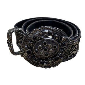 Vintage Black Floral Belt Silver Accents Ornate Buckle  Adjustable Fit